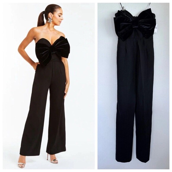 NWT Mestiza New York Jules Strapless Velvet Bow-Front Jumpsuit in Black Size 2 - Picture 1 of 8